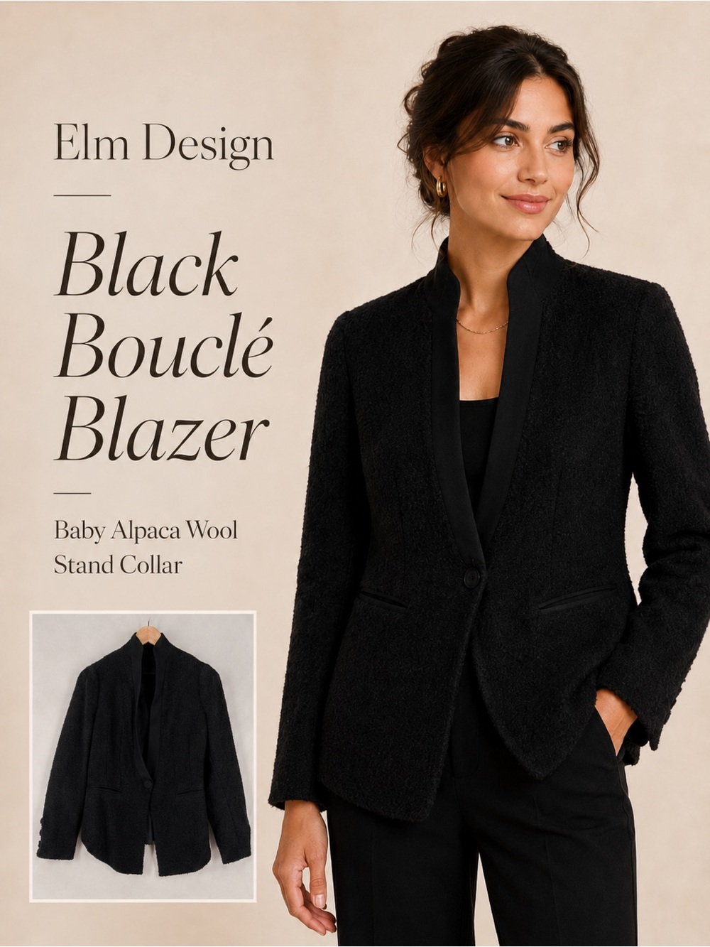 Elm Design Black Boucle Baby Alpaca Wool Sophisticated Blazer Stand Up Collar